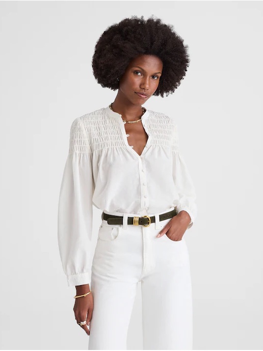 Madewell Nw994 Silk Cotton Smocked Button Front Blouse Ivory Cream Size L Nwt